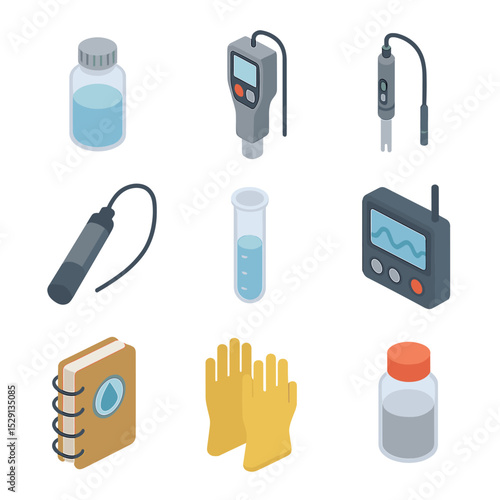 Water Quality Monitoring Icons. Isometric Flat icon set of river water quality monitoring: sampling bottle, turbidity meter, pH