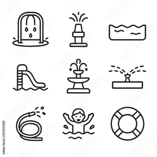 Water Play Icons. Outline icon set of water play areas: splash pad, water nozzle, shallow pool, water slide, water fountain,