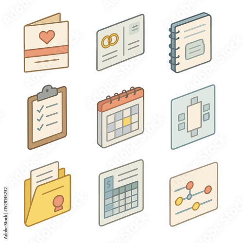 Wedding Planning Tools. Isometric Flat icon set of RSVP and wedding planning tools: wedding invitation card, RSVP postcard,