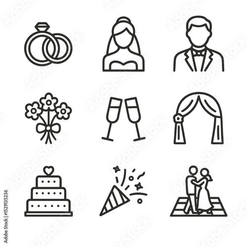 Wedding Icon Set. Outline icon set of weddings: wedding rings, bride silhouette, groom silhouette, bouquet, champagne flutes,