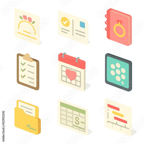 Wedding Planning Tools. Isometric Flat icon set of RSVP and wedding planning tools: wedding invitation card, RSVP postcard,