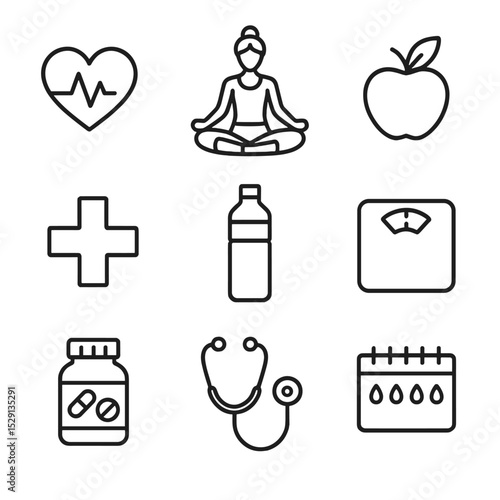 Wellness Icon Collection. Outline icon set of women’s health and wellness: heart pulse, yoga pose, apple and leaf, medical cross,