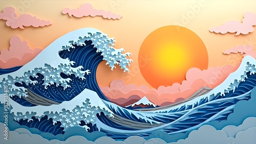 Ocean, Wave, Sunset, Japanese Art, Nature, Abstract, Serenity