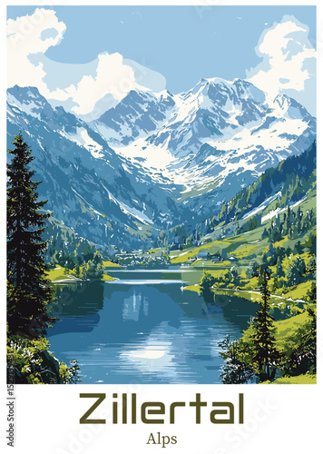 Zillertal Alps Vector Illustration, Landscape with Mountain Lake.