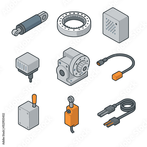 Wind Turbine Icon Set. Isometric Flat icon set of wind turbine blade pitch control systems: hydraulic actuator, pitch bearing,