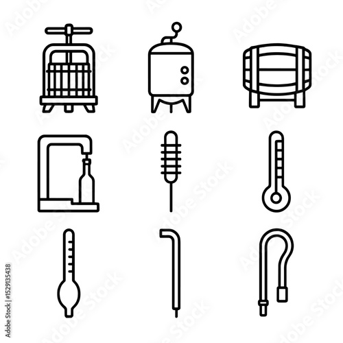 Winemaking Equipment Icons. Outline icon set of winemaking equipment: wine press, fermentation tank, oak barrel, bottling machine,