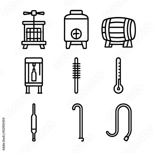 Winemaking Equipment Icons. Outline icon set of winemaking equipment: wine press, fermentation tank, oak barrel, bottling machine,