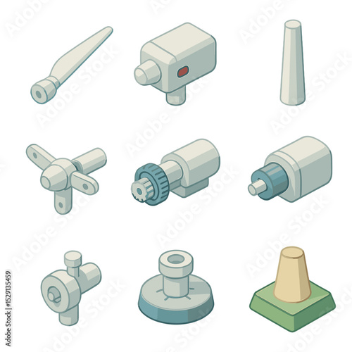 Wind Turbine Components. Isometric Flat icon set of wind turbines: rotor blade, nacelle, tower, hub, gearbox, generator, pitch