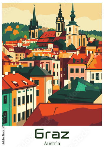 Wallpaper Mural Graz, Austria Vector Illustration. Cityscape with Buildings and Churches. Torontodigital.ca