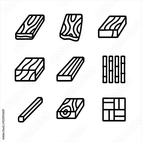 Wood Material Icons. Outline icon set of wood materials: oak plank, walnut slab, cherry piece, maple block, mahogany strip, bamboo
