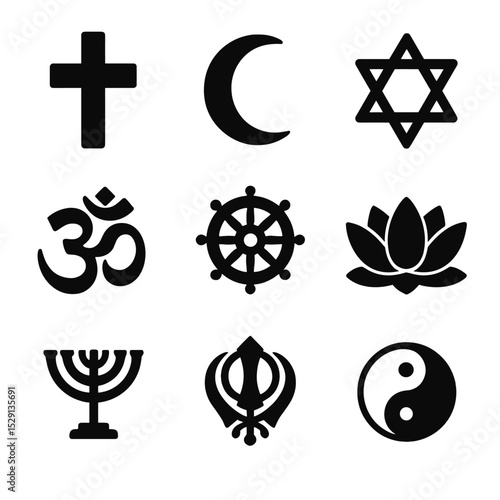 World Religions Icons. Solid, Filled icon set of world religions symbols: cross, crescent, Star of David, Om symbol, Dharma wheel,