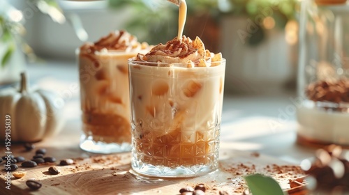 Fototapeta Naklejka Na Ścianę i Meble -  A luscious iced drink topped with whipped cream and spices is showcased, capturing the essence of indulgence, refreshment, and the joy of savoring moments of pleasure.