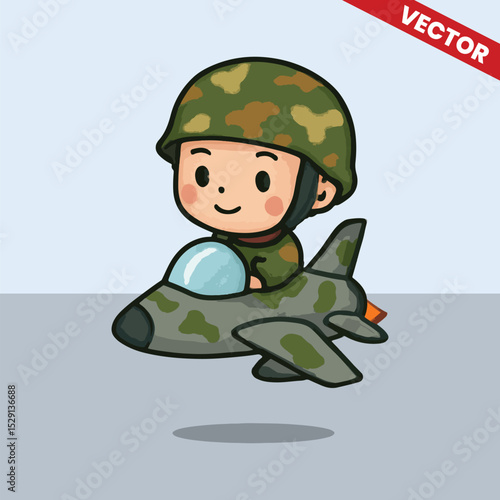Cute army kids riding jet fighter vector style editable illustration