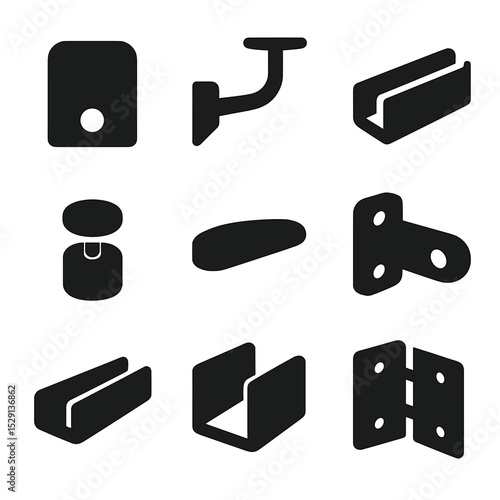 Railing Hardware Icons. Solid, Filled icon set of railing hardware: glass clamp, handrail bracket, base shoe, standoff, top cap,