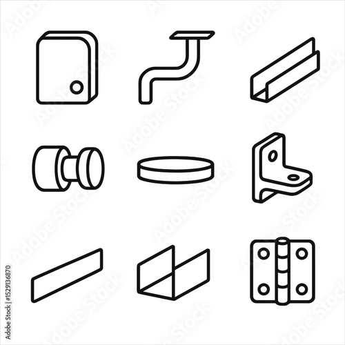 Railing Hardware Icons. Outline icon set of railing hardware: glass clamp, handrail bracket, base shoe, standoff, top cap, side