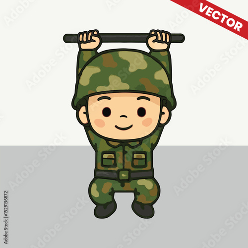 Cute army kids hanging from a rope gesture vector style editable illustration