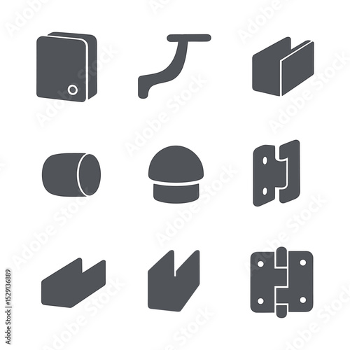 Railing Hardware Icons Grid. Flat icon set of railing hardware: glass clamp, handrail bracket, base shoe, standoff, top cap, side