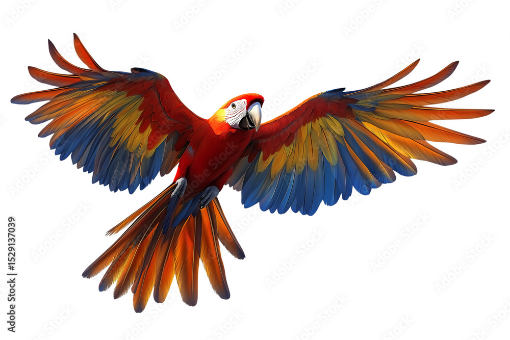 Obraz premium Scarlet Macaw flying bird isolated on white background, ideal for educational, travel, and animal projects