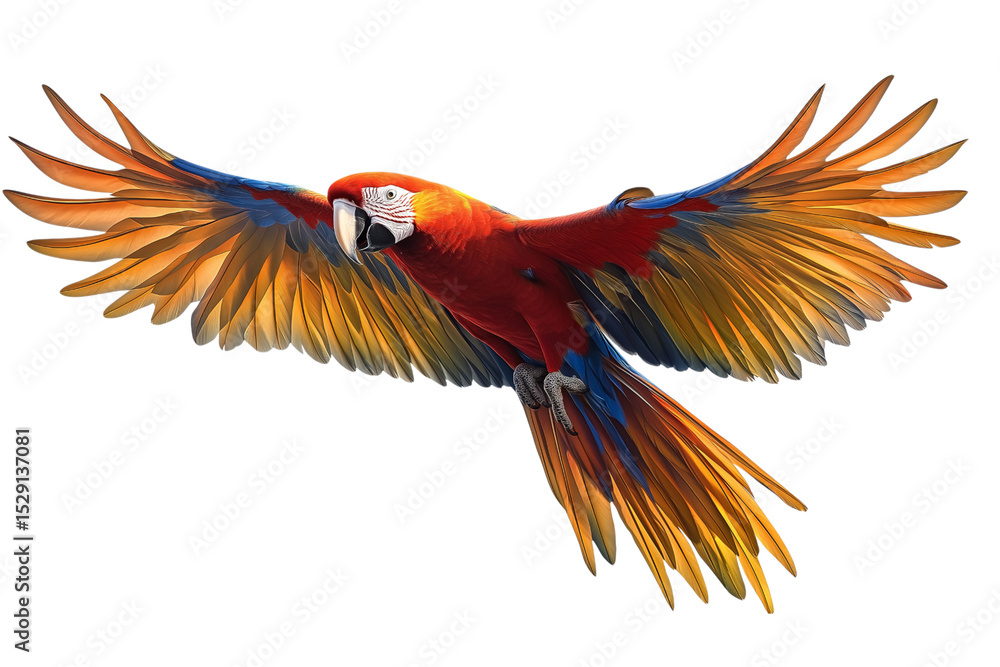 Obraz premium Scarlet Macaw parrot in flight isolated on white background, perfect for bold, vivid design concepts
