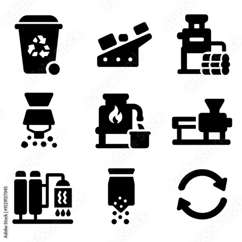Recycling Process Icons. Solid, Filled icon set of recycling processes: curbside bin, sorting conveyor, baling machine, shredding