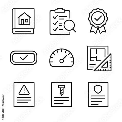 Regulatory Compliance Icons. Outline icon set of regulatory compliance: building code book, inspection checklist, certification