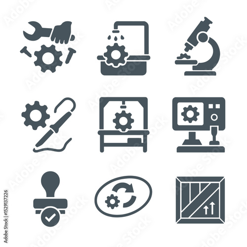 Remanufacturing Icon Set. Flat icon set of remanufacturing: disassembly, cleaning station, inspection microscope, component repair