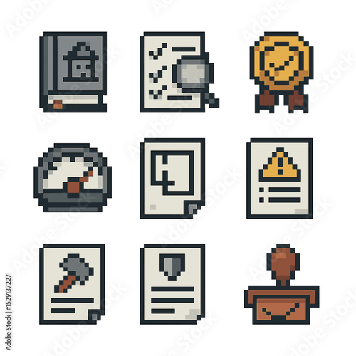 Regulatory Compliance Icons. Pixel art icon set of regulatory compliance: building code book, inspection checklist, certification