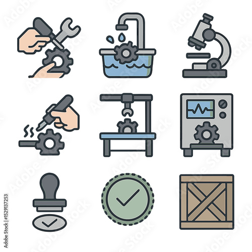 Remanufacturing Icon Set. Flat icon set of remanufacturing: disassembly, cleaning station, inspection microscope, component repair