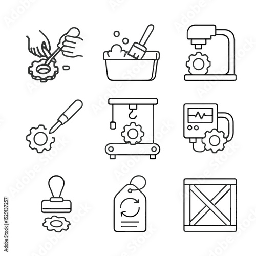 Remanufacturing Icon Set. Outline icon set of remanufacturing: disassembly, cleaning station, inspection microscope, component