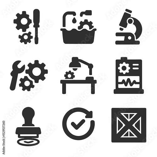 Remanufacturing Icon Set. Solid, Filled icon set of remanufacturing: disassembly, cleaning station, inspection microscope,