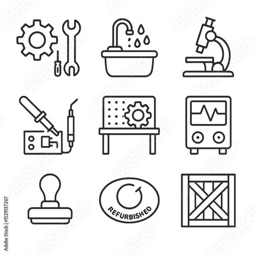 Remanufacturing Icon Set. Outline icon set of remanufacturing: disassembly, cleaning station, inspection microscope, component