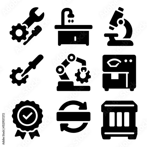 Remanufacturing Icon Set. Solid, Filled icon set of remanufacturing: disassembly, cleaning station, inspection microscope,