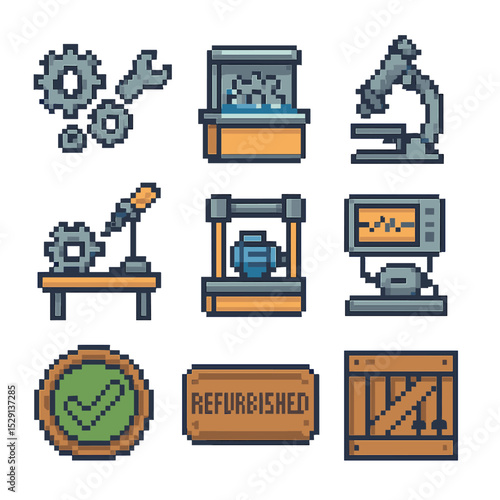 Remanufacturing Icon Set. Pixel art icon set of remanufacturing: disassembly, cleaning station, inspection microscope, component