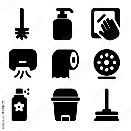 Restroom Cleanliness Icons. Solid, Filled icon set of restroom cleanliness: toilet brush, soap dispenser, mirror wipe, hand dryer,