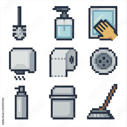 Restroom Cleanliness Icons. Pixel art icon set of restroom cleanliness: toilet brush, soap dispenser, mirror wipe, hand dryer,