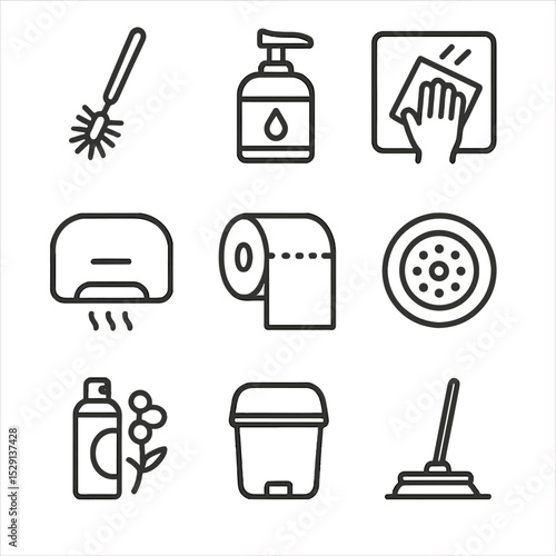 Restroom Icons Grid. Outline icon set of restroom cleanliness: toilet brush, soap dispenser, mirror wipe, hand dryer, toilet paper
