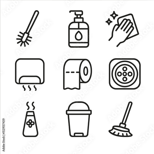 Restroom Icons Grid. Outline icon set of restroom cleanliness: toilet brush, soap dispenser, mirror wipe, hand dryer, toilet paper