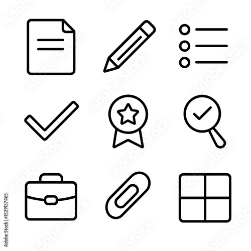 Resume Icon Grid. Outline icon set of resume building: document, pencil, bullet list, checkmark, ribbon badge, magnifying glass,