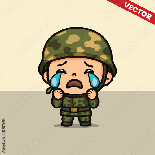 Cute army kids crying gesture vector style editable illustration