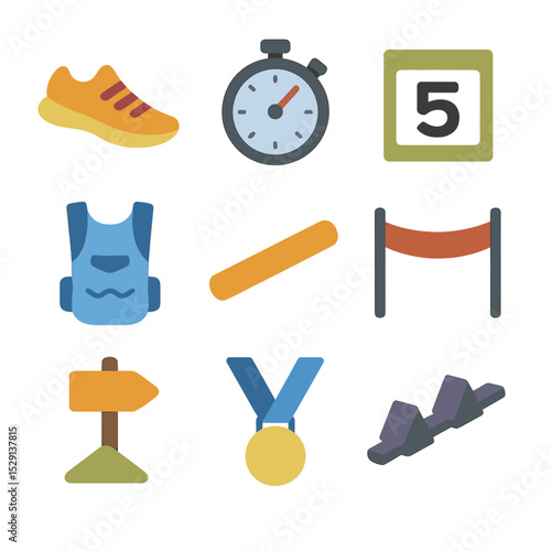 Running Icon Set. Flat icon set of running sports: running shoe, stopwatch, marathon bib, hydration pack, relay baton, finish line