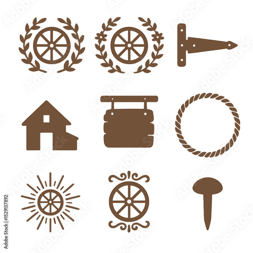 Rustic Wheel Icons. Flat icon set of wagon wheel decorative motifs: wreath wheel, floral wreath, barn door hinge, farmhouse
