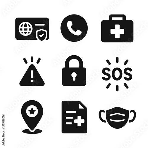 Safety and Health Icons. Solid, Filled icon set of safety and health features: travel insurance card, emergency call button,