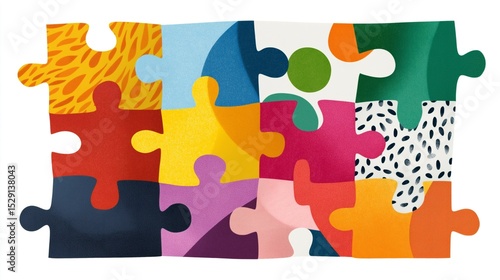 A collection of distinct puzzle pieces featuring vibrant patterns and colors blend seamlessly, symbolizing unity in diversity and the joy of creativity in expression through art