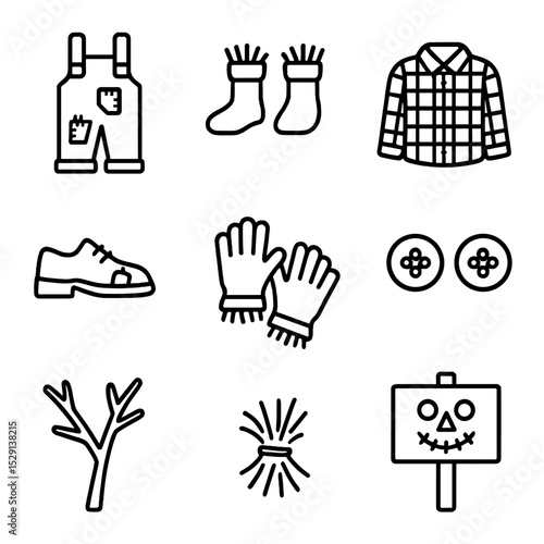 Scarecrow Icon Set. Outline icon set of scarecrow ensemble accessories: patched overalls, straw boots, plaid shirt, patch shoes,