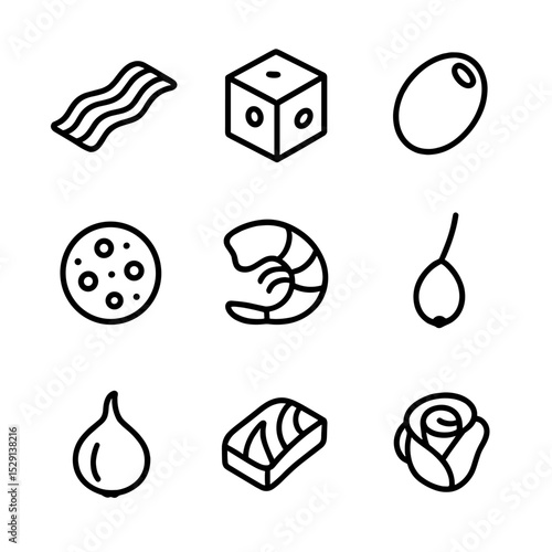 Savory Garnish Icons. Outline icon set of savory garnishes: bacon strip, cheese cube, olive, salami slice, shrimp, caper berry,