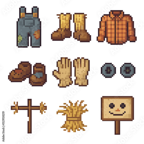 Scarecrow Accessories Icons. Pixel art icon set of scarecrow ensemble accessories: patched overalls, straw boots, plaid shirt,