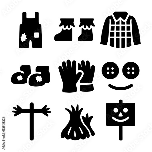 Scarecrow Accessory Icons. Solid, Filled icon set of scarecrow ensemble accessories: patched overalls, straw boots, plaid shirt,