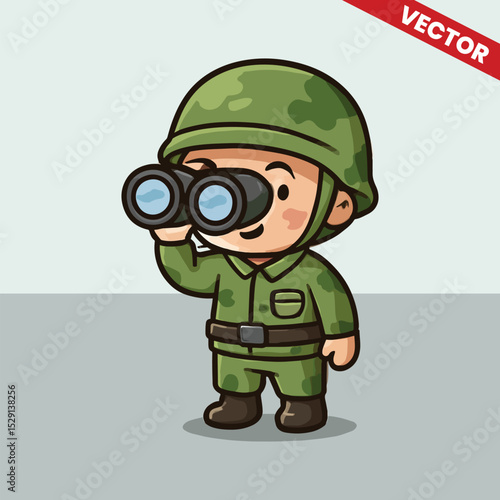 Cute army kids bring binocular gesture vector style editable illustration