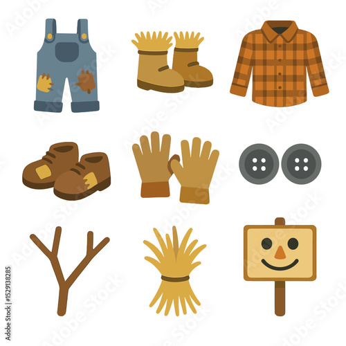 Scarecrow Ensemble Icons. Flat icon set of scarecrow ensemble accessories: patched overalls, straw boots, plaid shirt, patch shoes