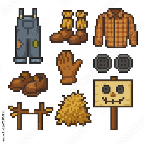 Scarecrow Accessories Icons. Pixel art icon set of scarecrow ensemble accessories: patched overalls, straw boots, plaid shirt,